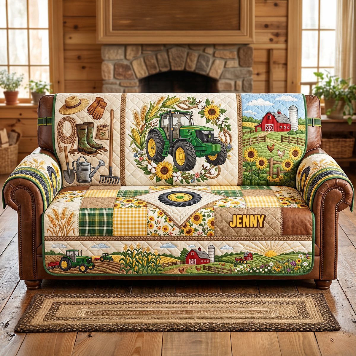 Green Farm Tractor Quilted Sofa Cover - Personalized Gifts For Tractor Lovers 05pgtn260626 - Sofa Cover - GoDuckee