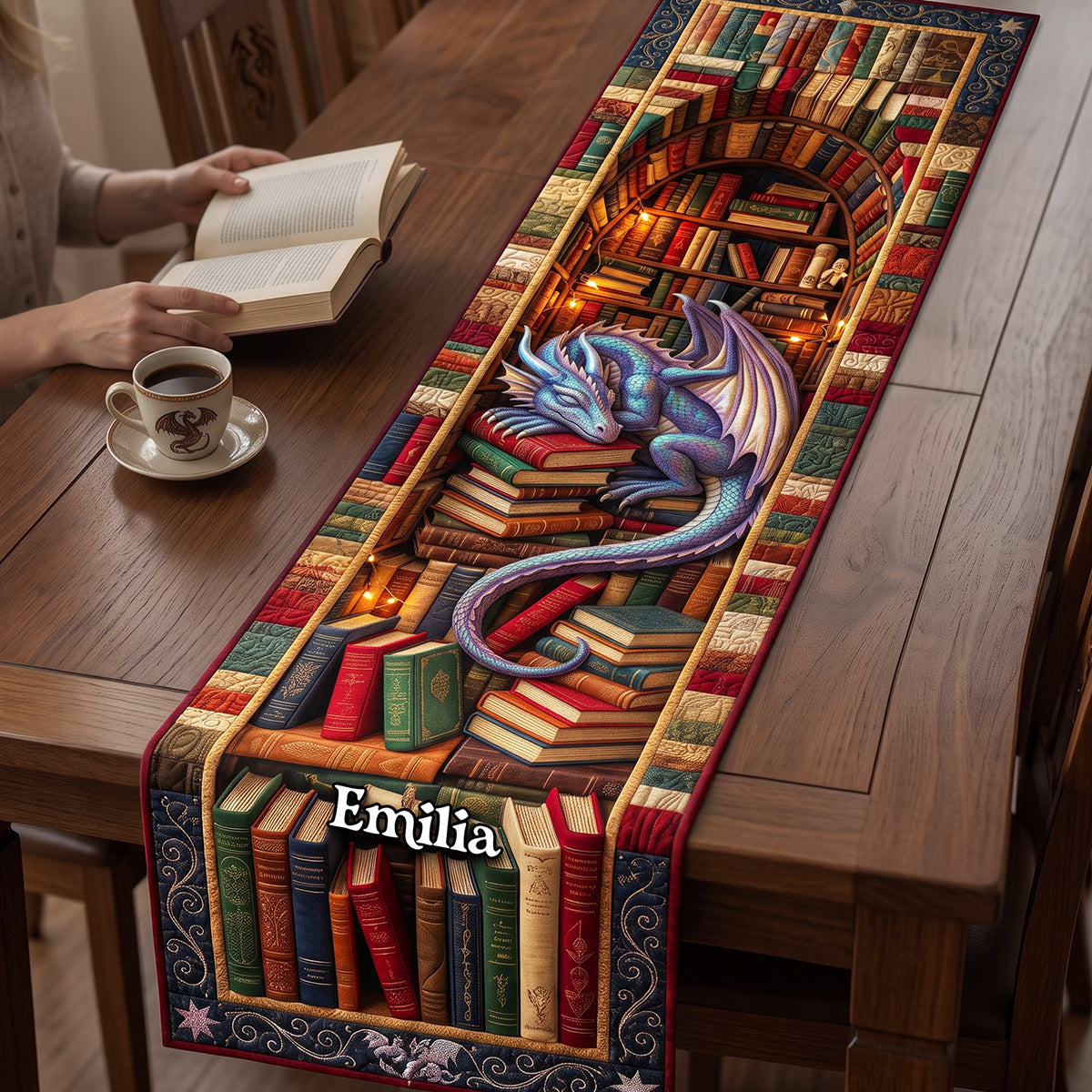 Mystical Dragon Library Quilted Table Runner - Personalized Gifts For Book Lovers 01huta130826 - Quilted Table Runner - GoDuckee