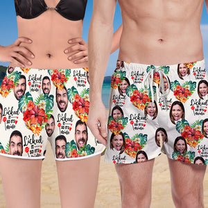 Licked It So It's Mine, Personalized Couple Beach Shorts, Tropical Flower Pattern, Gift For Him, Gift For Her - Beach Shorts - GoDuckee