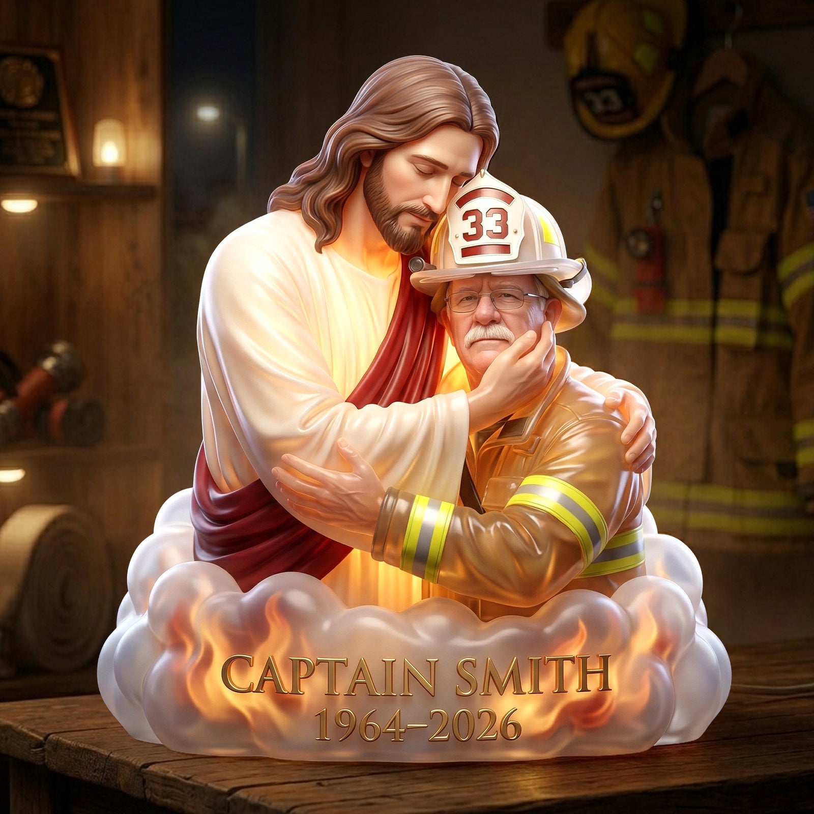 Custom Photo Firefighter In Jesus Arm Light Box- Personalized Keepsake To Remember Departed Firefighter 02qhlu100426 - Light Box - GoDuckee