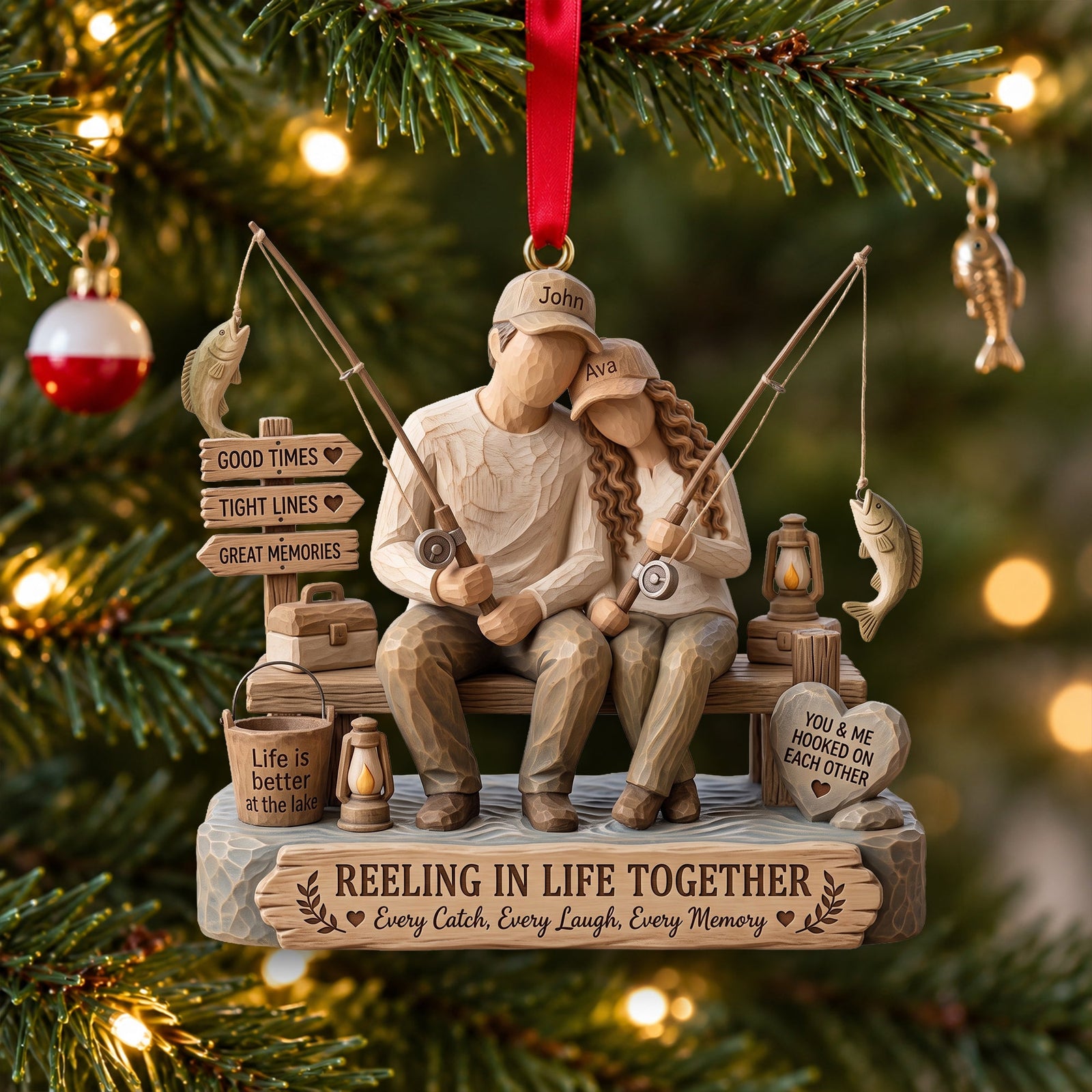 Attached Fishing Couple Wood Effect Ornament - Personalized Gifts For Fishing Lovers 04qhlu011026 - Ornament - GoDuckee