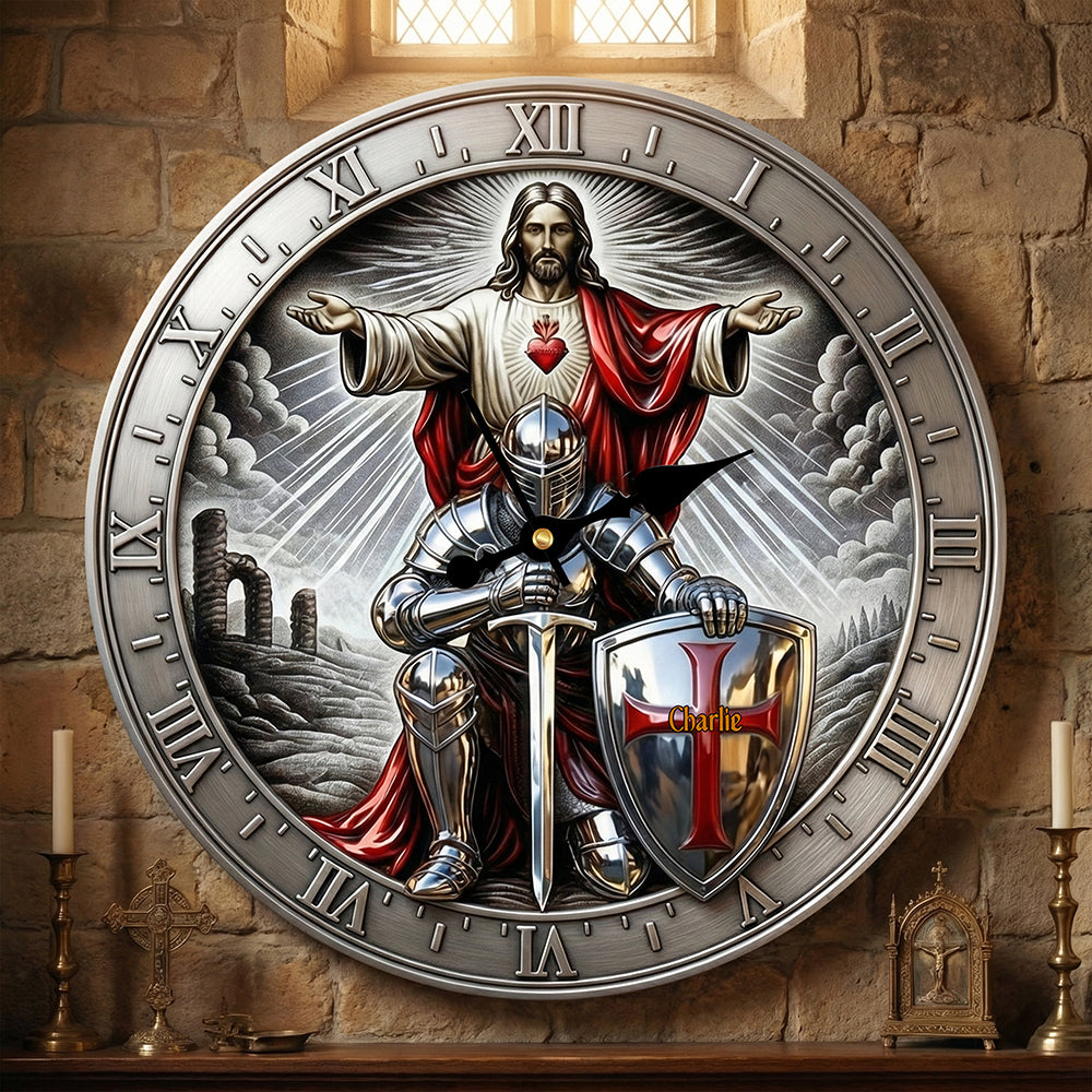 Kneel Templar Knight Jesus Wall Clock, Personalized Gifts For Christians 02qhta190126 - Hanging Wall Clock - GoDuckee