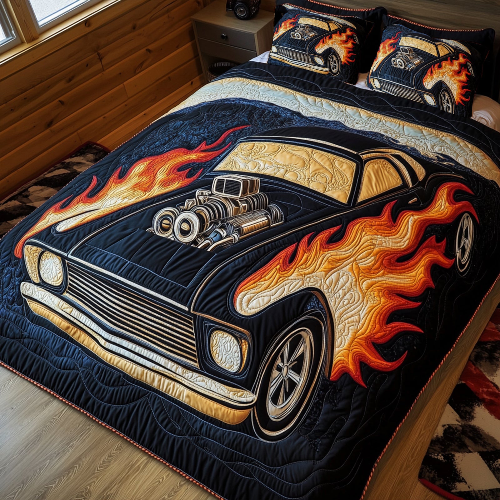 Flaming Muscle Car Quilt Bed Set Special Line - Personalized Gift For Racing Lovers 02TGLU120725 - Blanket - GoDuckee