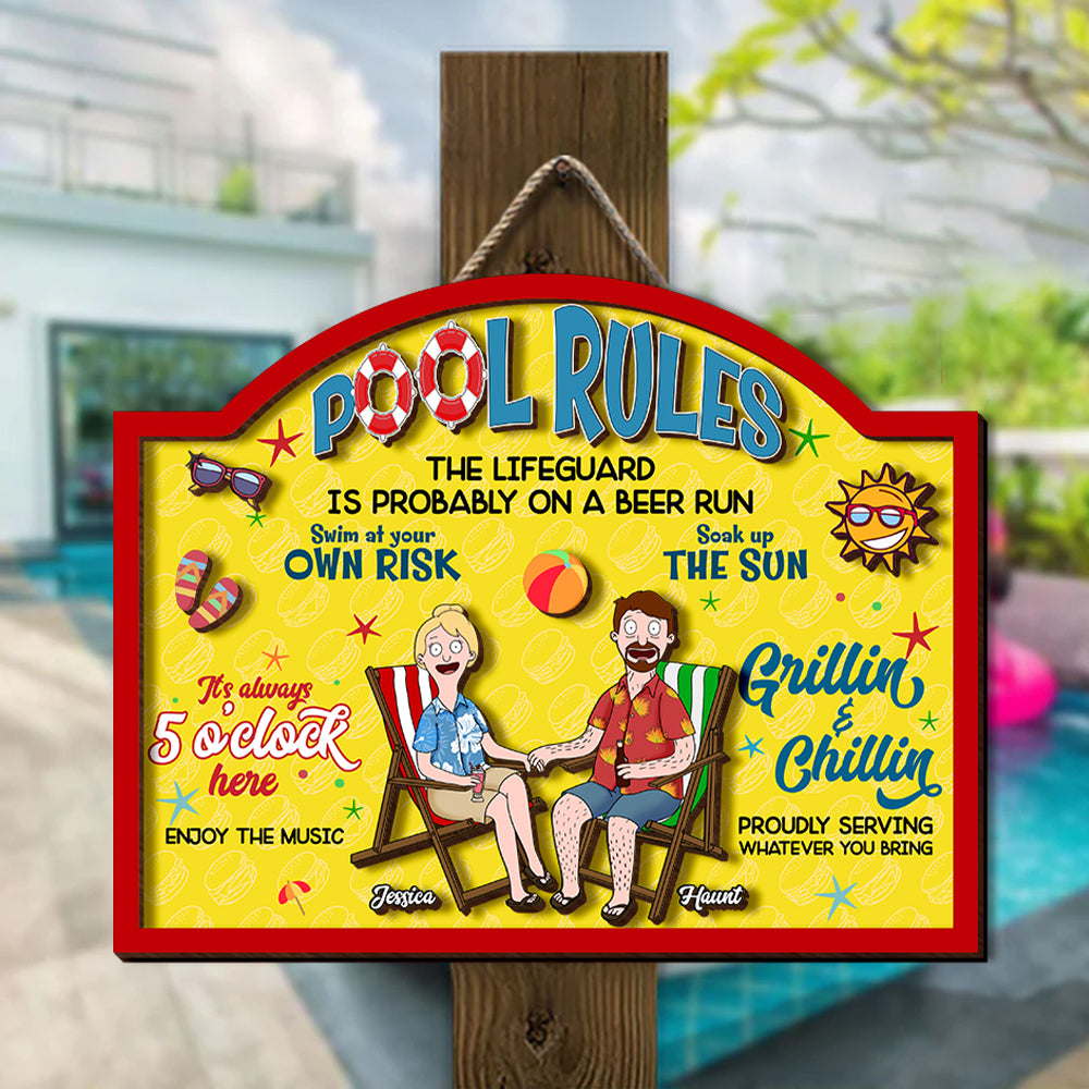 Personalized Gifts For Summer Couple Wood Sign Pool Rules With Relaxing Couple 02XQLU080225PA - Wood Sign - GoDuckee