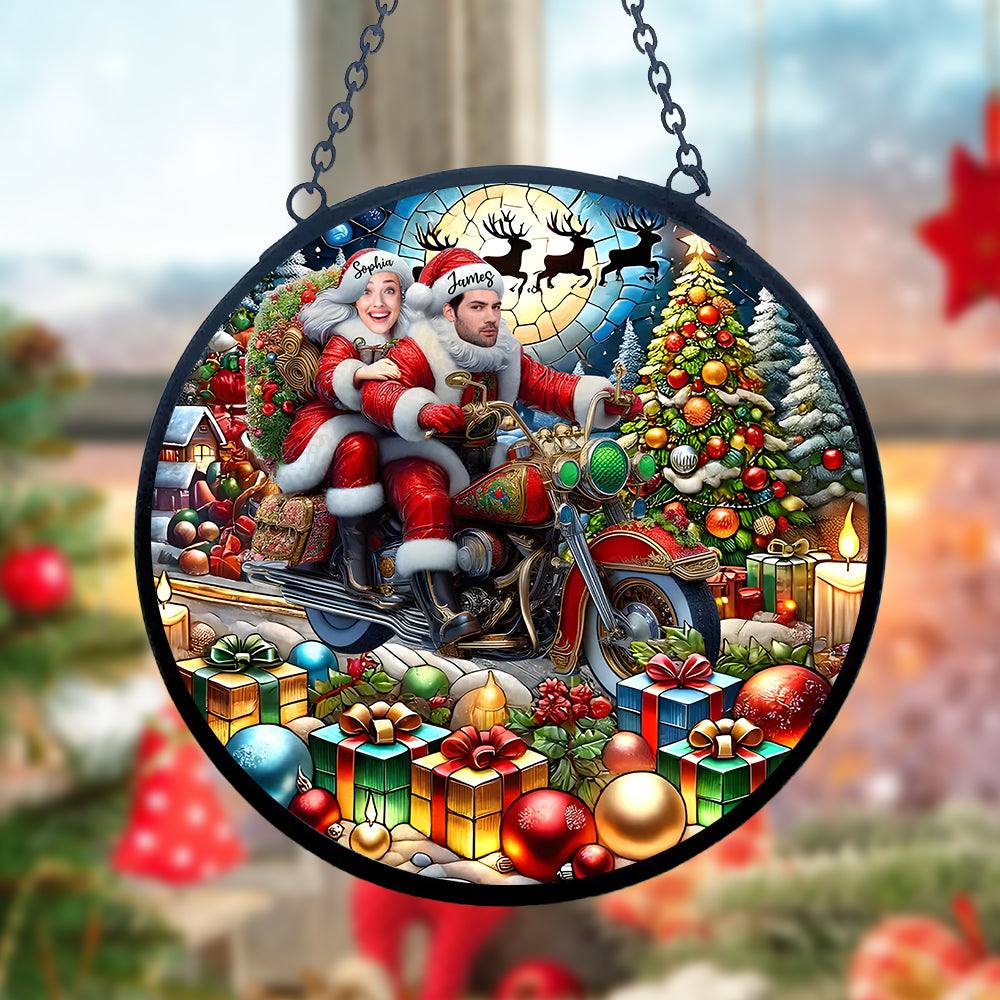 Custom Photo Gift for Couple Stained Glass Santa Couple Riding Motorbike Christmas 03todc310824 - Ornament - GoDuckee