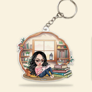 Gift For Book Lovers, Personalized Keychain, Girl Reading Book, Custom Title Book Keychain - Keychains - GoDuckee