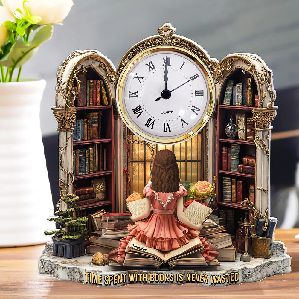Girl Holding Books Acrylic Desk Clock Plaque Personalized Gifts for Book Lovers 05TGQN230525 - Clock Plaques - GoDuckee