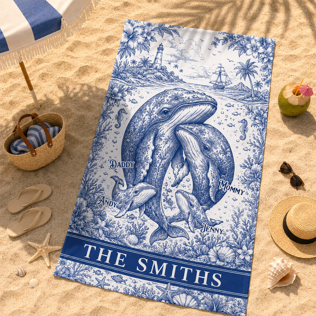 Toile De Jouy Whale Family Beach Towel, Personalized Gift For Family 05qhdh180726 - Beach Towel - GoDuckee