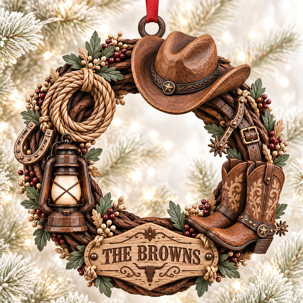 Cowboy Wooden Wreath Acrylic Ornament - Personalized Christmas Gifts 05ttdt091026 - Ornament - GoDuckee