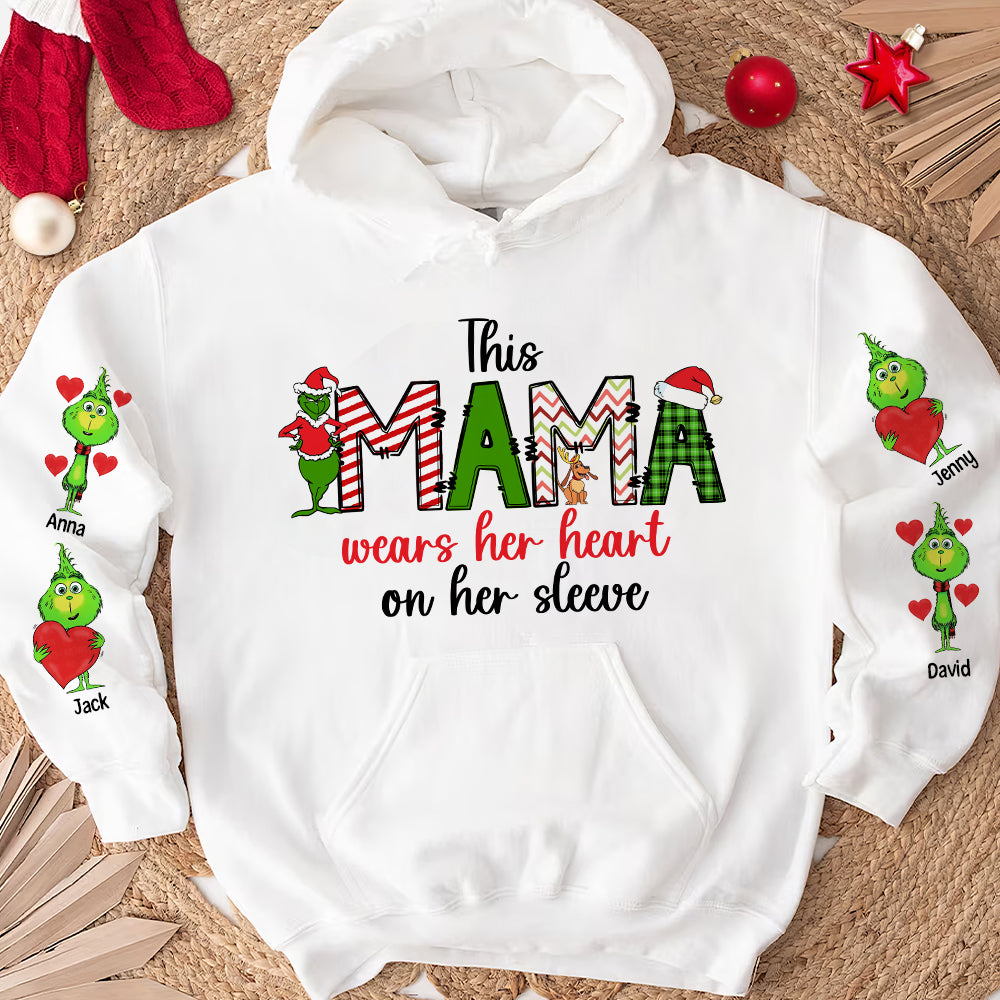 This Mama Wears Her Heart On Her Sleeve, Personalized 01HUTN111023 Family Shirt, Gift For Christmas - AOP Products - GoDuckee