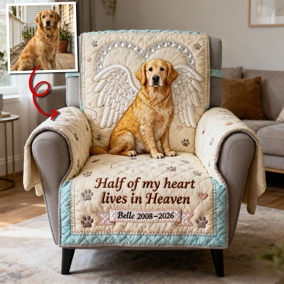 Dog Cat In Heaven Quilted Armchair Cover, Personalized Keepsake to Remember Departed Pet 05qhtn270126 - Sofa Cover - GoDuckee