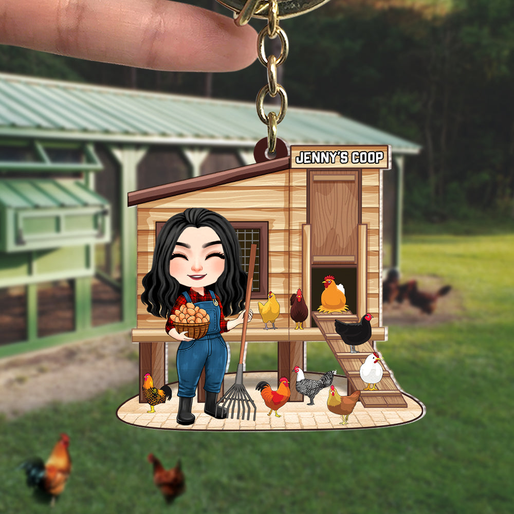 Personalized Poultry Farming Chicken Girl At The Coop Keychain, Gift For Farmers - Keychains - GoDuckee