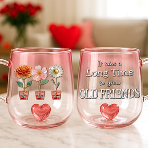 Flowers Old Friend Heart Glass Mug Personalized Gifts For Friends 04TGDT130625 - 3D Heart Glass Mug - GoDuckee