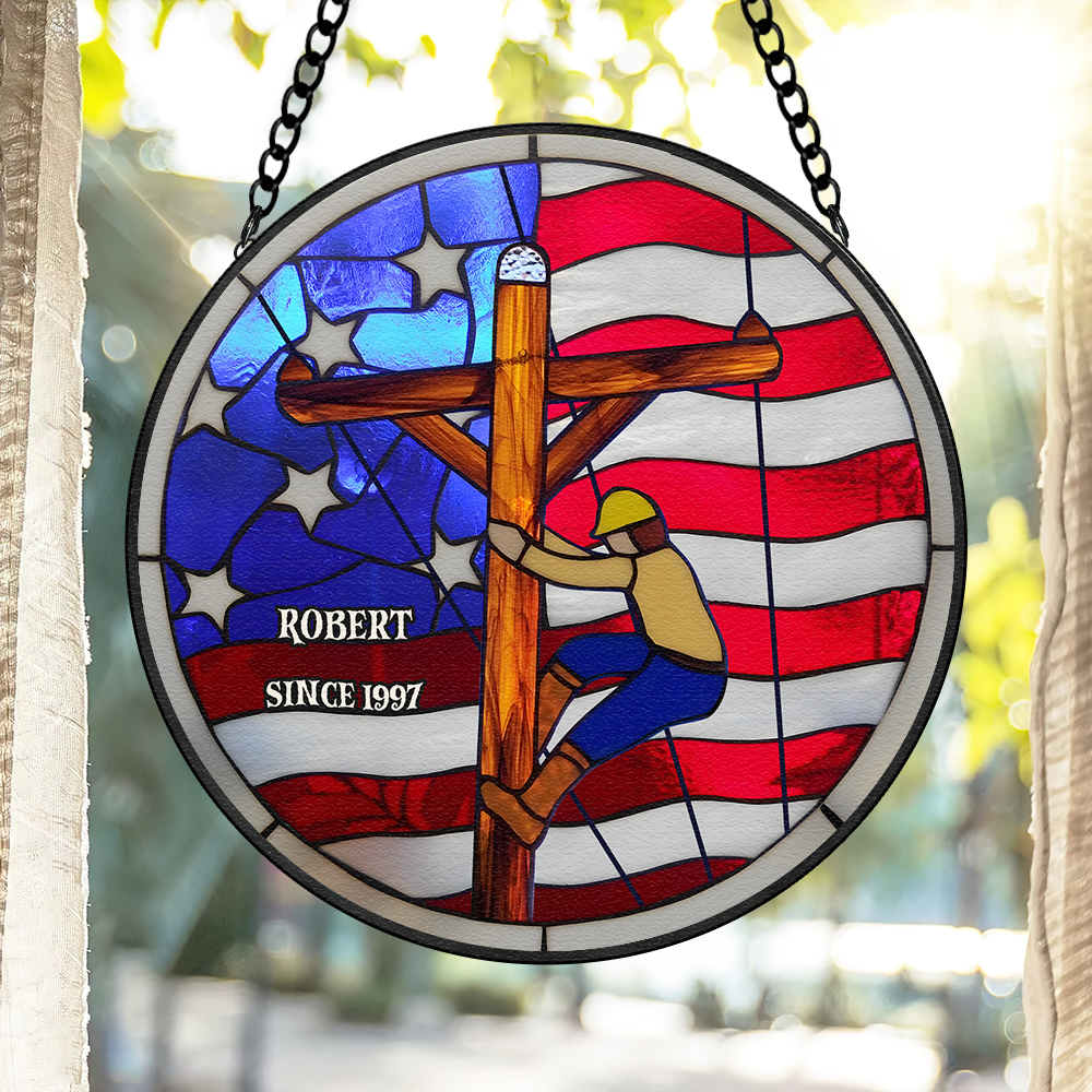 Personalized Gifts For Lineman Suncatcher, Proud American Lineman Stained Glass 01QHPU280824 - Ornament - GoDuckee