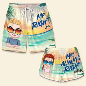 Mrs. Right, Gift For Couple, Personalized Couple Beach Shorts, Couple Summer Beach Shorts, Summer Gift - Beach Shorts - GoDuckee