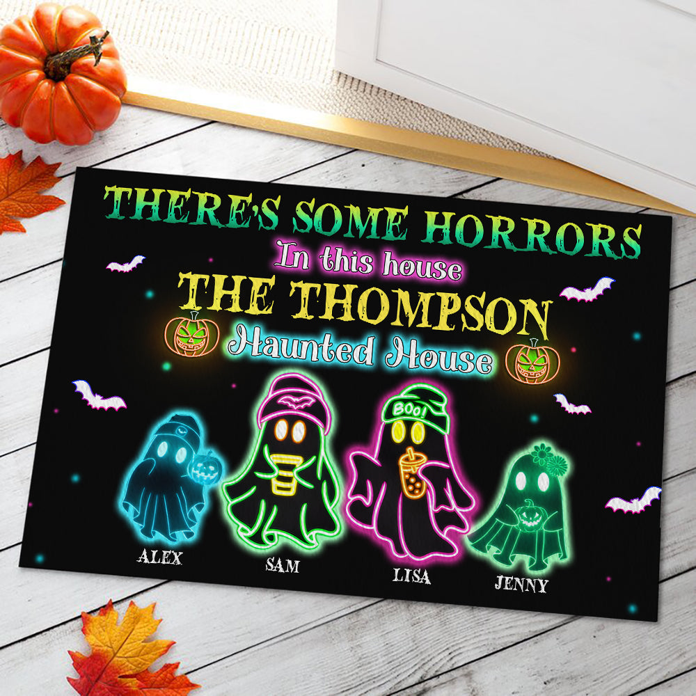 Personalized Halloween Gifts For Family Neon Doormat, Horrors In This House 01KAMH230824 - Doormat - GoDuckee