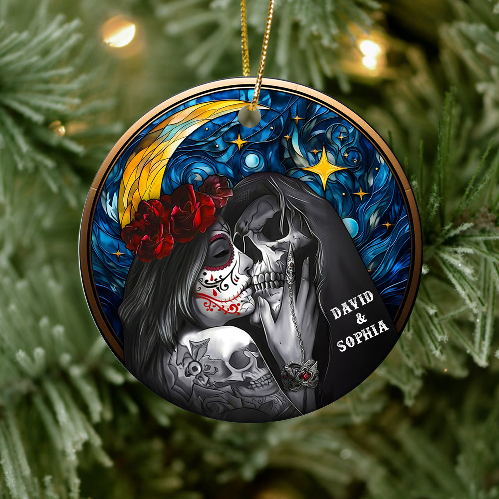 Skull Couple-Personalized Ornament - Ceramic Circle Ornament-Gift For Him/ Gift For Her-Christmas Gift- Couple Ornament - Ornament - GoDuckee