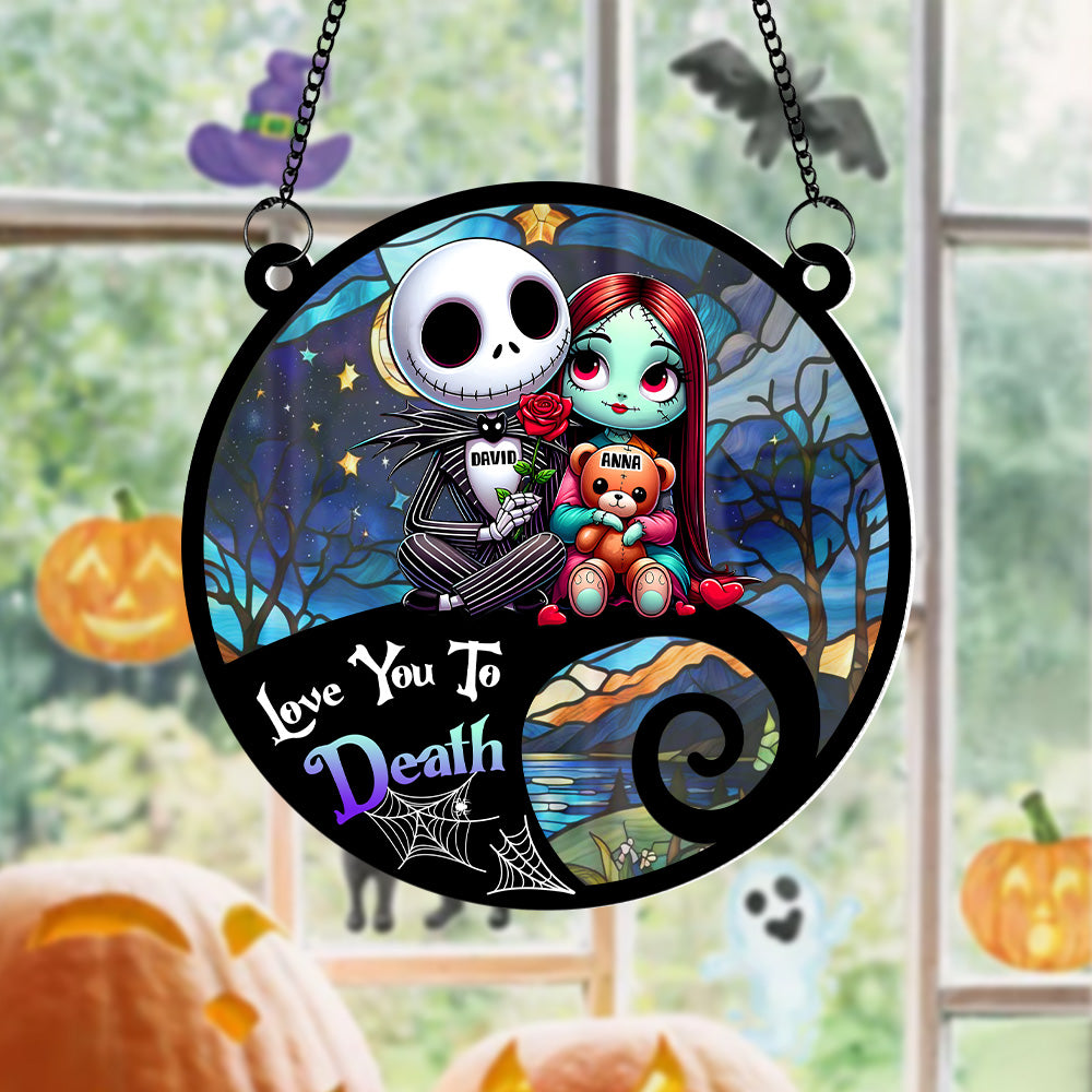 Personalized Gifts For Couple Suncatcher Hanging Ornament, Skull Couple Sitting Together 04NATN060824 - Ornament - GoDuckee