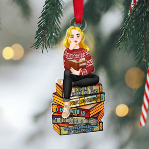 Personalized Gifts For Book Lovers Christmas Ornament 04hutn140924pa Girl Sitting On Stack Of Books Reading - Ornament - GoDuckee