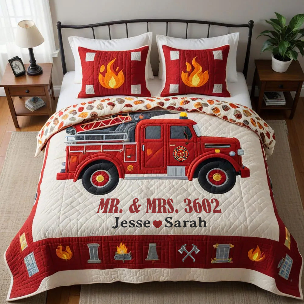 Personalized Gifts For Firefighter Couple Quilt Bed Set, Custom Badge Number 03qhtn180125 - Blanket - GoDuckee