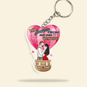 My Journey Begins And Ends With You, Couple Gift, Personalized Keychain, Kissing Couple Hot Air Balloon Keychain - Keychains - GoDuckee