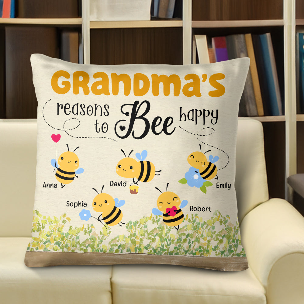 Grandma's Reasons To Bee Happy, Personalized Square Pillow, Cute Bee Family Square Pillow, Gifts For Grandma, Gifts For Birthday - Pillow - GoDuckee