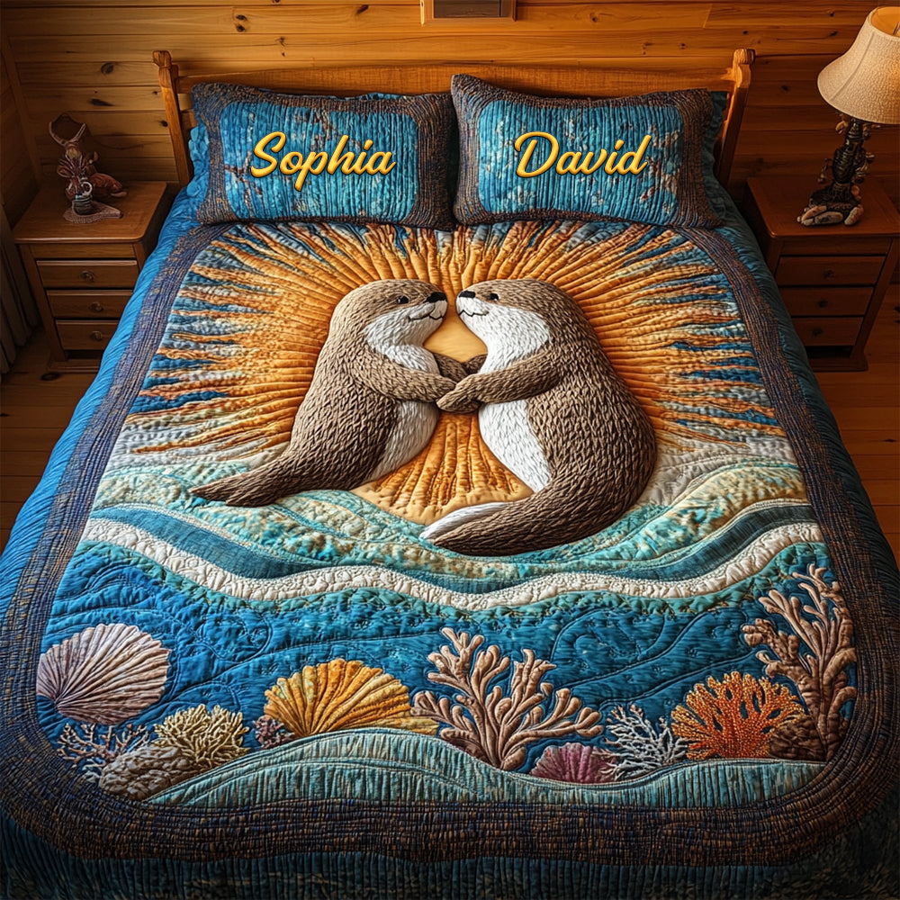 Cute Otter Couple Beach Quilt Bed Set Special Line- Personalized Gift For Couple 08TGLU150425 - Blanket - GoDuckee