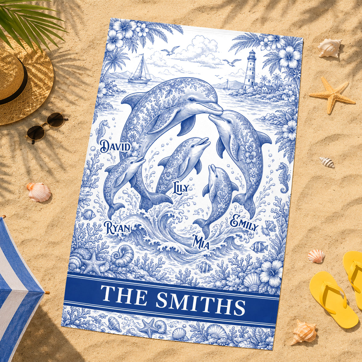 Symphonic Dolphin Family Toile De Jouy Beach Towel, Personalized Gifts For Families 01qhdh210726 - Beach Towel - GoDuckee