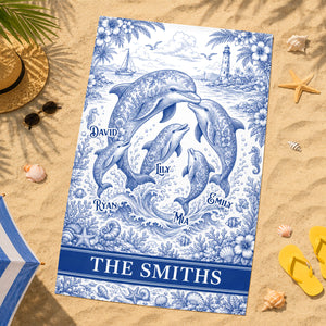 Symphonic Dolphin Family Toile De Jouy Beach Towel, Personalized Gifts For Families 01qhdh210726