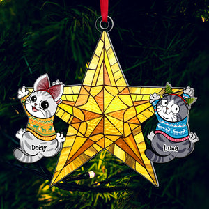 Personalized Gifts For Cat Lovers, Funny Naughty Cat Hanging On Christmas Star 04QHQN250924 - Ornament - GoDuckee