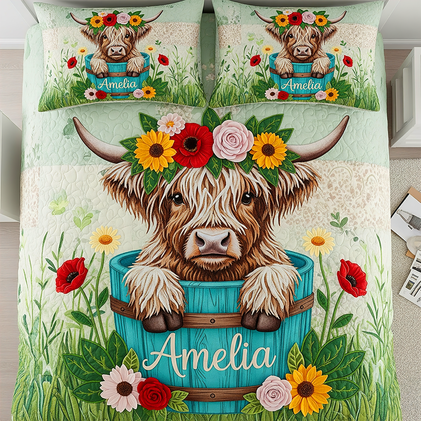Flower Crown Cow Quilt Bedding Set 02napu090725 - Blanket - GoDuckee