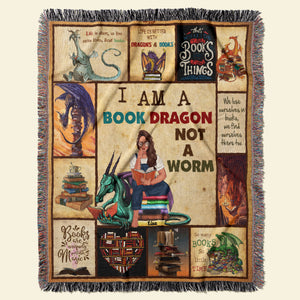 I Am A Book Dragon Not A Worm-Personalized Woven Blanket-Gift For Book Lover- Dragon Book Blanket - Blanket - GoDuckee