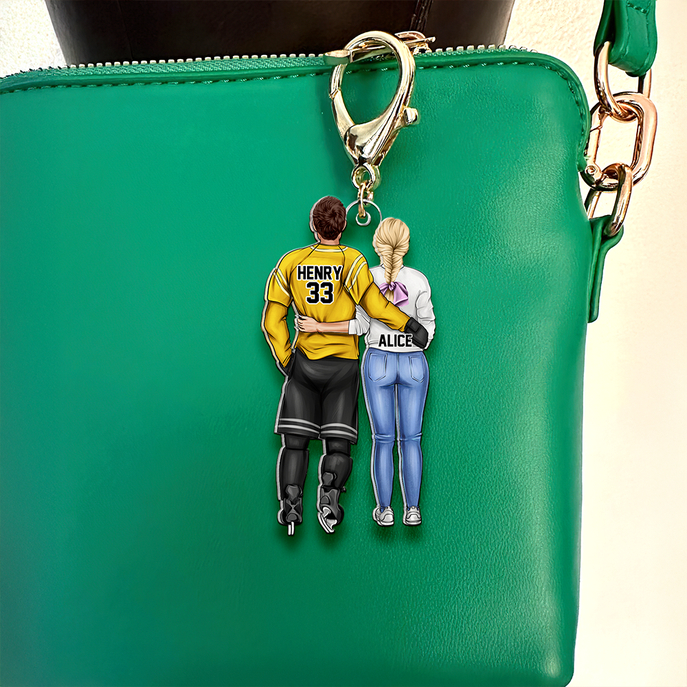 Personalized Gifts For Hockey Couple Keychain 02QHHU180225TM Hugging Couple Back View - Keychains - GoDuckee