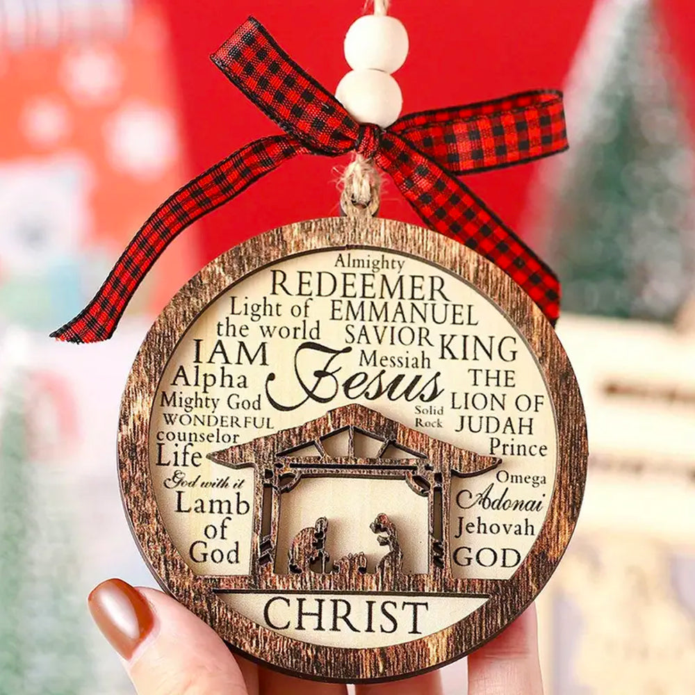 Wooden Nativity Scene Christmas Ornament 01HUXX060924 2 Layers Ornament, Christ Birth Hanging Decoration with Names of God - Ornament - GoDuckee