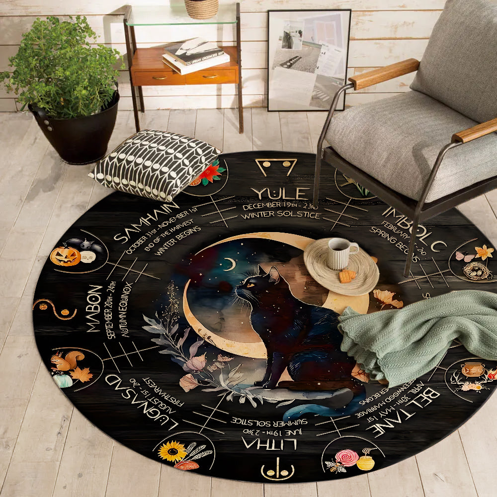 Personalized Gifts For Witch Round Rug, Pagan Calendar Black Cat 02NAPU220824 - Doormat - GoDuckee
