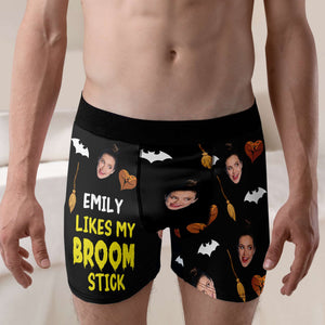 Personalized Gifts For Couple Boxer Briefs Halloween Pumpkin Broom Stick Custom Face Photo 02XQMH010824 - Boxer Briefs - GoDuckee