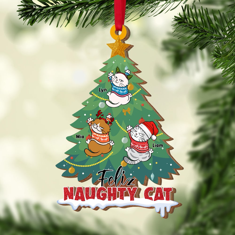 Feliz Naughty Cat, Personalized Wood Ornament,Christmas Gift For Cat Lovers - Ornament - GoDuckee