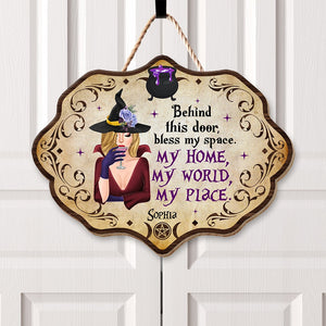 Behind This Door, Bless My Space-Personalized Wood Sign-Halloween Gifts-Witch Wood Sign - Wood Sign - GoDuckee