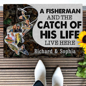 A Fisherman And The Catch Of His Life Live Here - Custom Photo Door Mat-Gift For Fishing Lovers- Fishing Couple - Doormat - GoDuckee