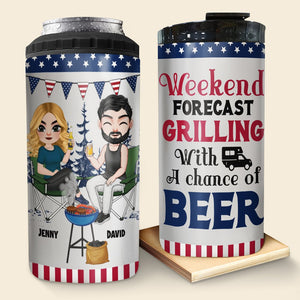 Couple, Weekend Forecast Griling With A Chance Of Beer, Personalized Can Cooler, Gift For Couple Camping - Can Cooler - GoDuckee