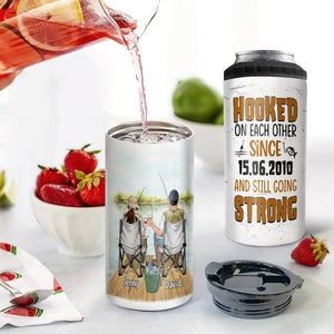 Hooked On Each Other And Still Going Strong- Gift For Couple-Personalized 4 In 1 Can Cooler Tumbler-Fishing Couple - Can Cooler - GoDuckee