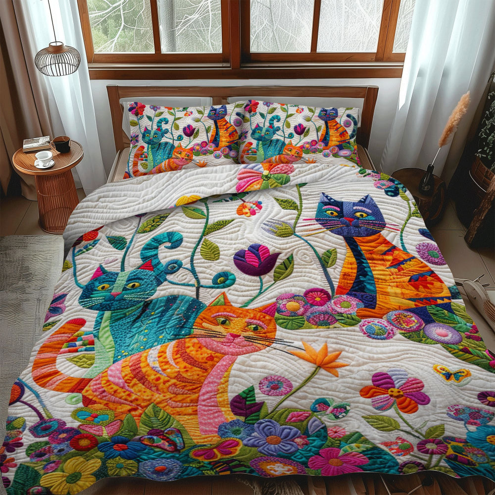 Gifts For Cat Lovers Quilt Bed Set Floral Colorful Cats - Blanket - GoDuckee