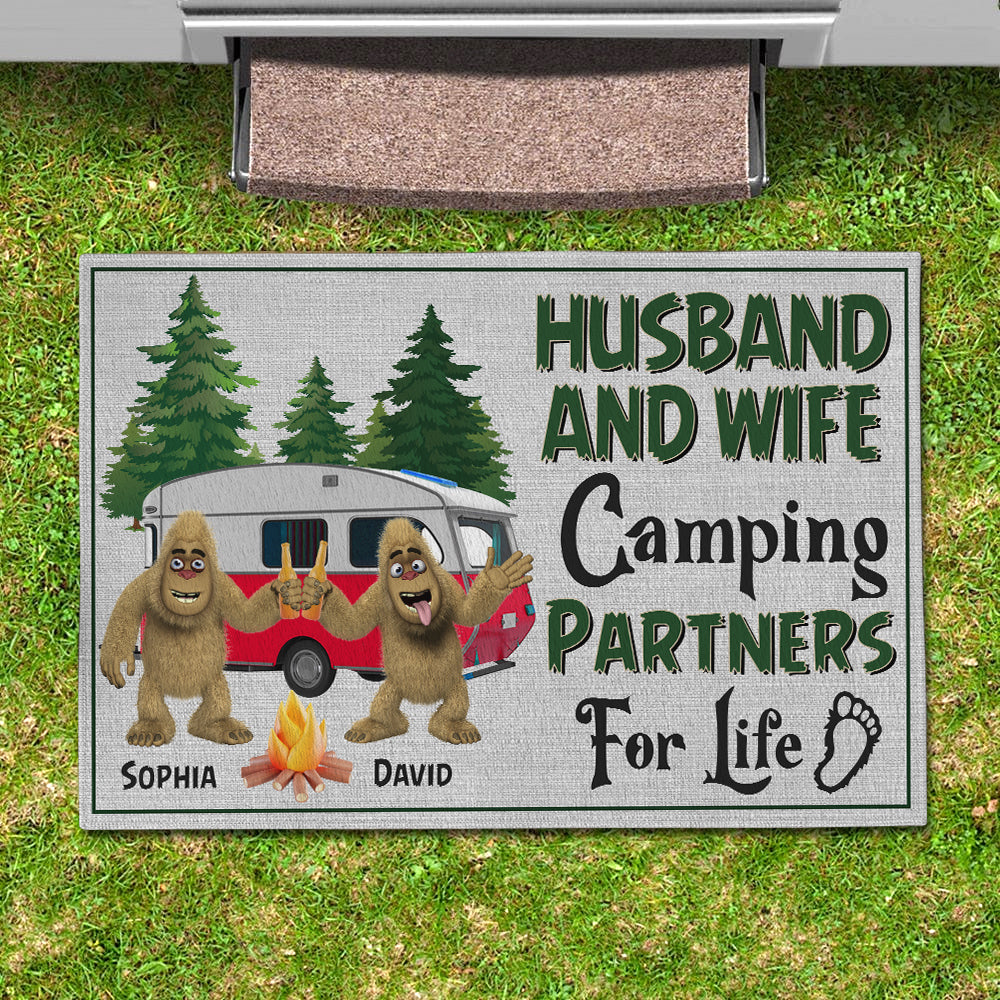Sasquatch Camping Partners For Life, Personalized Camping Bigfoot Couple Door Mat, Gift For Couple - Doormat - GoDuckee