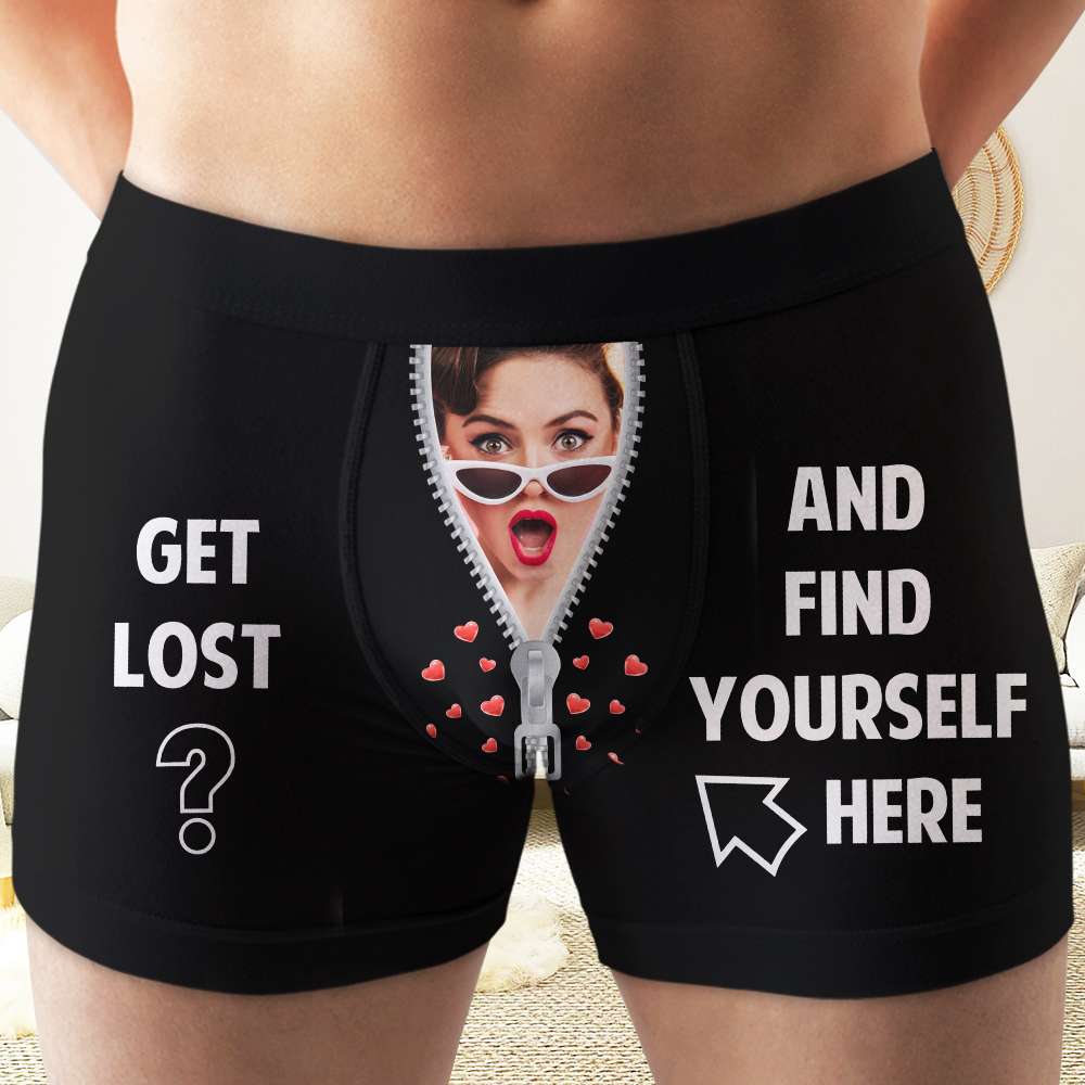 Get Lost And Find Yourself Here, Personalized Photo Men's Boxer Briefs, Unique Gifts For Him, Valentine's Day Gifts - Boxer Briefs - GoDuckee