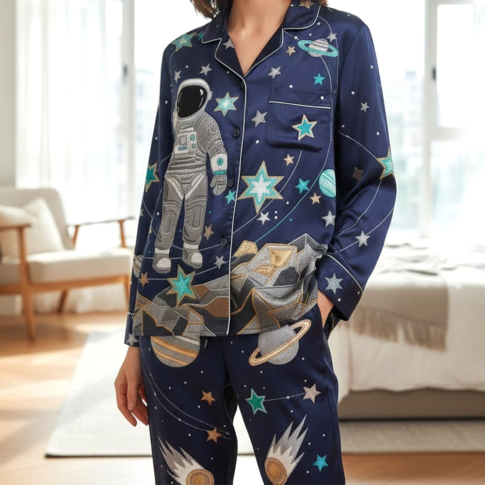 Astronaut Button Up Pajama Set Personalized Gifts For Space Lovers 02patn061225 - Pajama Set - GoDuckee