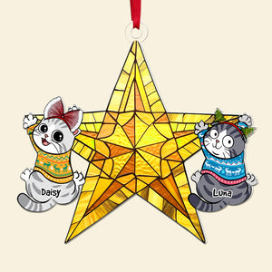 Personalized Gifts For Cat Lovers, Funny Naughty Cat Hanging On Christmas Star 04QHQN250924 - Ornament - GoDuckee