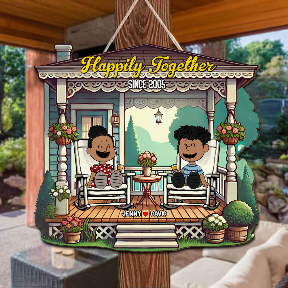 Personalized Gift For Couple Porch Wood Sign 01qhtn090125pa Happily Relaxing On Patio - Wood Sign - GoDuckee