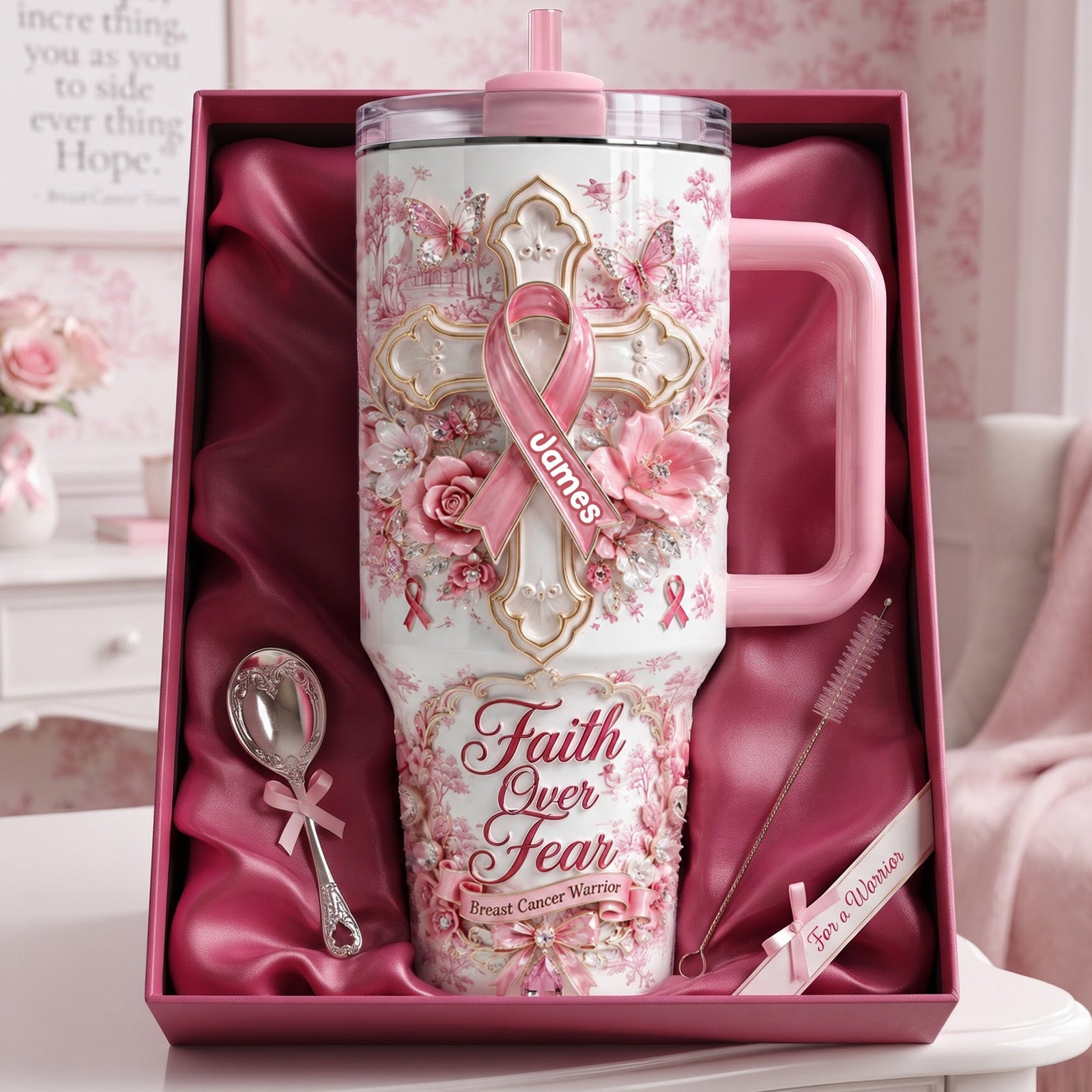 God Be With His Pink Fighter 40oz Tumbler With Handle - Personalized Gifts For Breast Cancer Warrior 02QHLU030826 - Tumbler Cup - GoDuckee