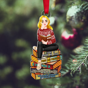 Personalized Gifts For Book Lovers Christmas Ornament 04hutn140924pa Girl Sitting On Stack Of Books Reading - Ornament - GoDuckee