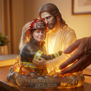 Custom Photo Firefighter In Jesus Arm Light Box- Personalized Keepsake To Remember Departed Firefighter 02qhlu100426 - Light Box - GoDuckee